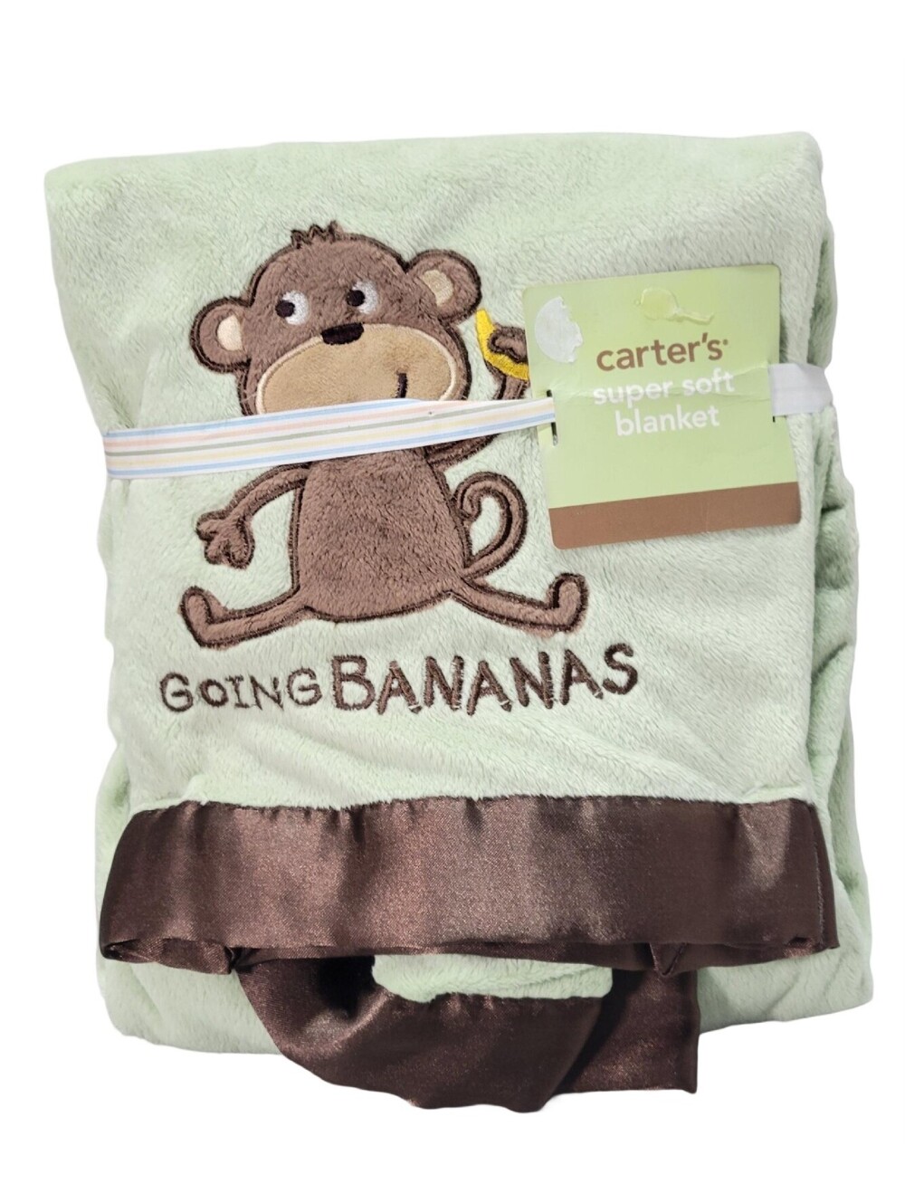 CARTER'S Monkey Going Bananas Brown Satin Trim 30 x 40 Green Baby Blanket Lovey